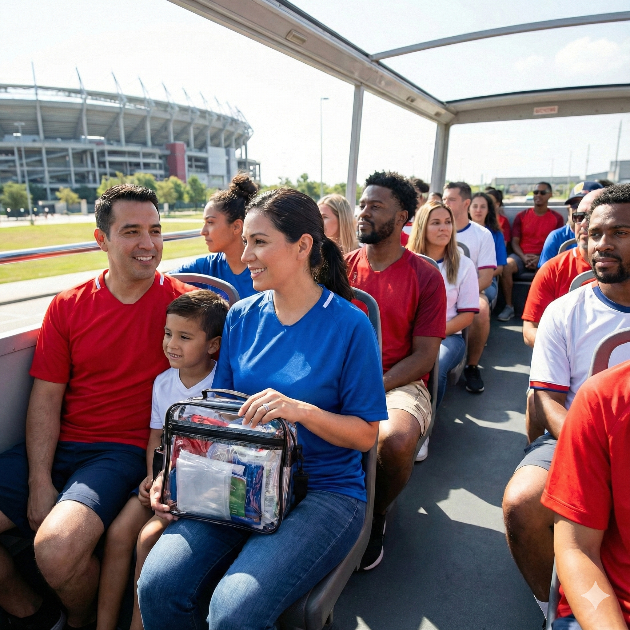 Family of soccer fans riding a stadium shuttle bus, equipped with regulation-size clear tote bags for game day.