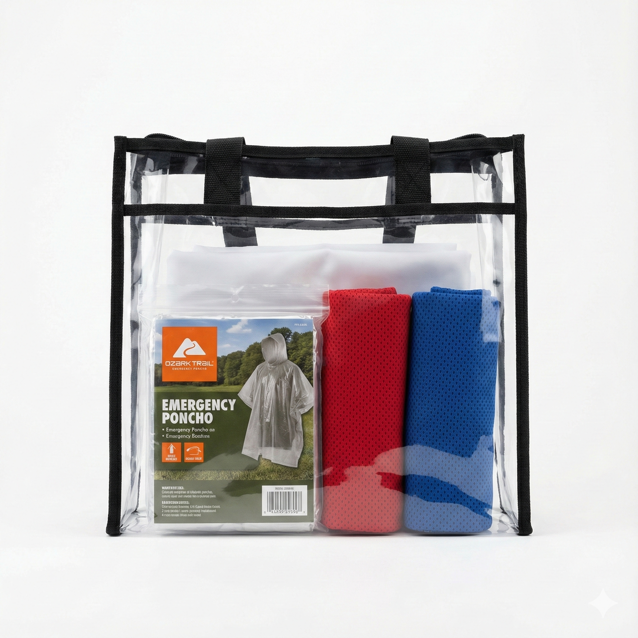 Clear plastic zippered emergency poncho packaging with red and blue folded ponchos inside, and a product label showing a person wearing a poncho outdoors.