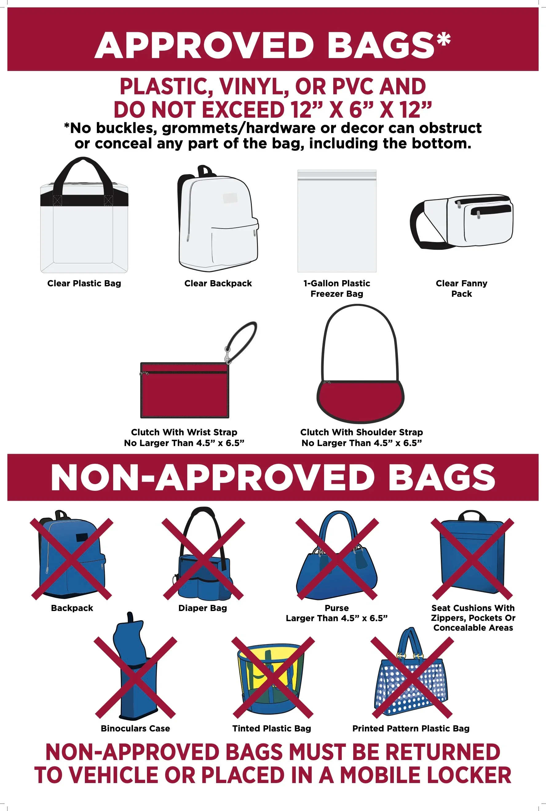 Sign displaying acceptable and non-acceptable bags for approval. Approved bags include clear plastic, backpack, 1-gallon plastic freezer bag, clear fanny pack, clutch with wrist strap, and clutch with shoulder strap, with size limits indicated. Non-approved bags, marked with red crosses, include backpack, diaper bag, purse, seat cushions with zippers, pockets or concealable areas, binoculars case, tinted plastic bag, and printed pattern plastic bag. Instructions specify approved bags are plastic, vinyl, or PVC, do not exceed 12x6x12 inches, and have no buckles, grommets, hardware, or decor obstruction. Non-approved bags must be returned to the vehicle or placed in a mobile locker.