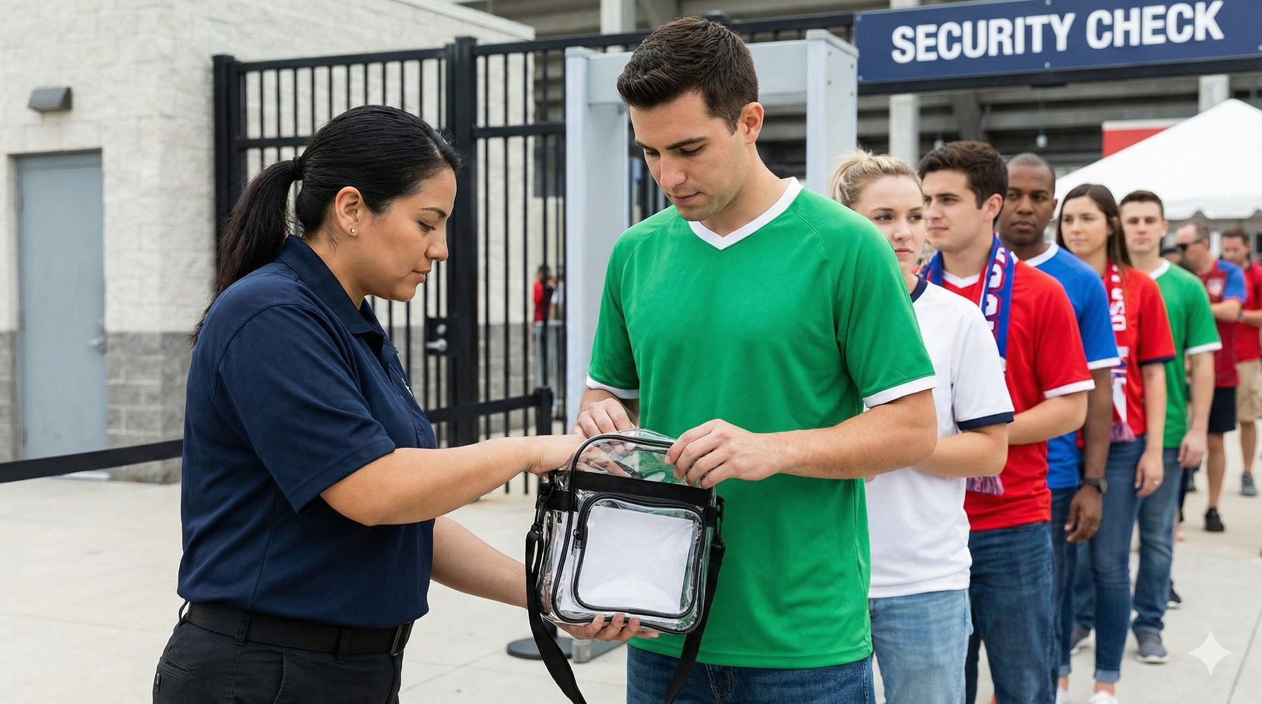 Close-up of a clear stadium tote bag being easily inspected at a security checkpoint, demonstrating fast and hassle-free entry.