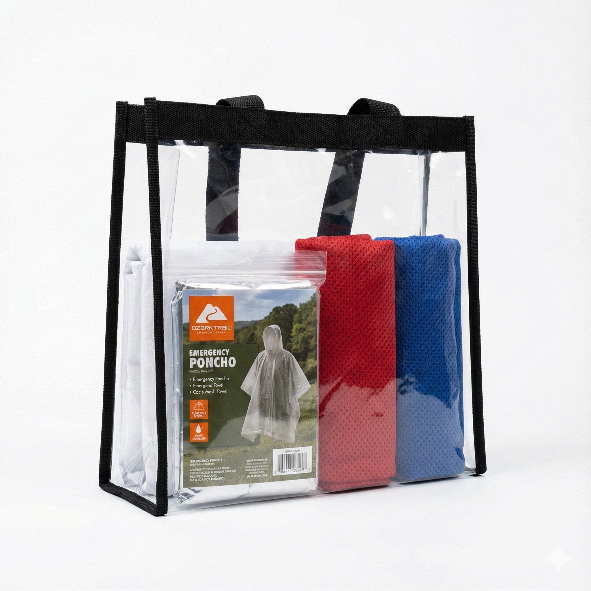 Clear tote bag containing red, blue, and white emergency ponchos with black handles visible.