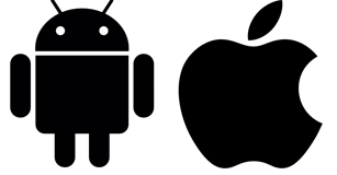 Black icons of Android robot and Apple logo on a white background.