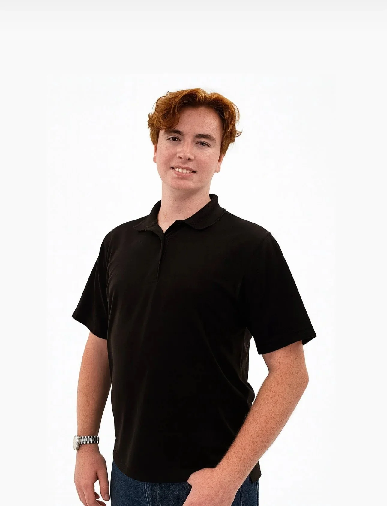 Professional headshot of man standing in a white background