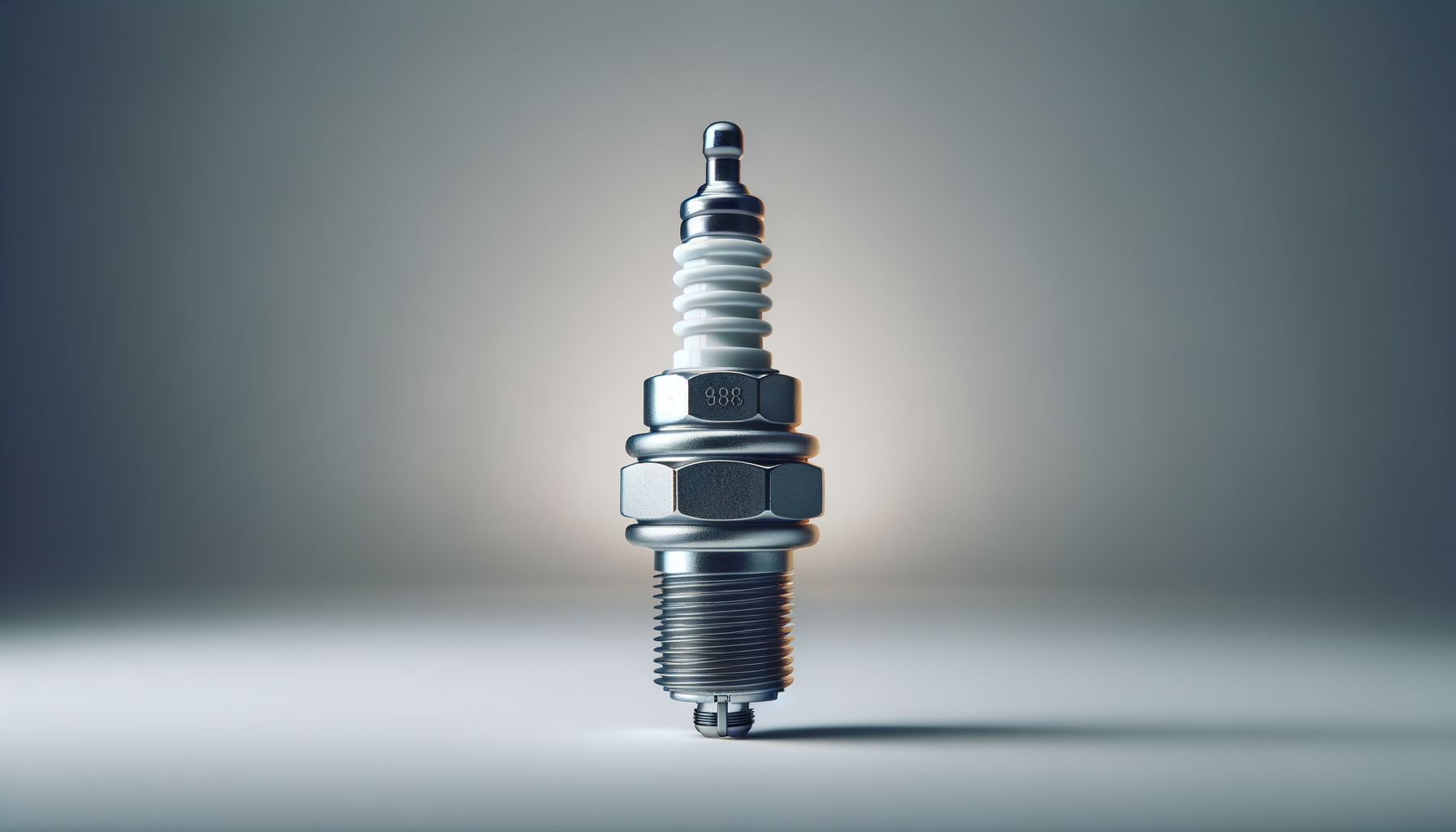 Close-up of a spark plug standing upright, with metal and ceramic parts, on a neutral background.