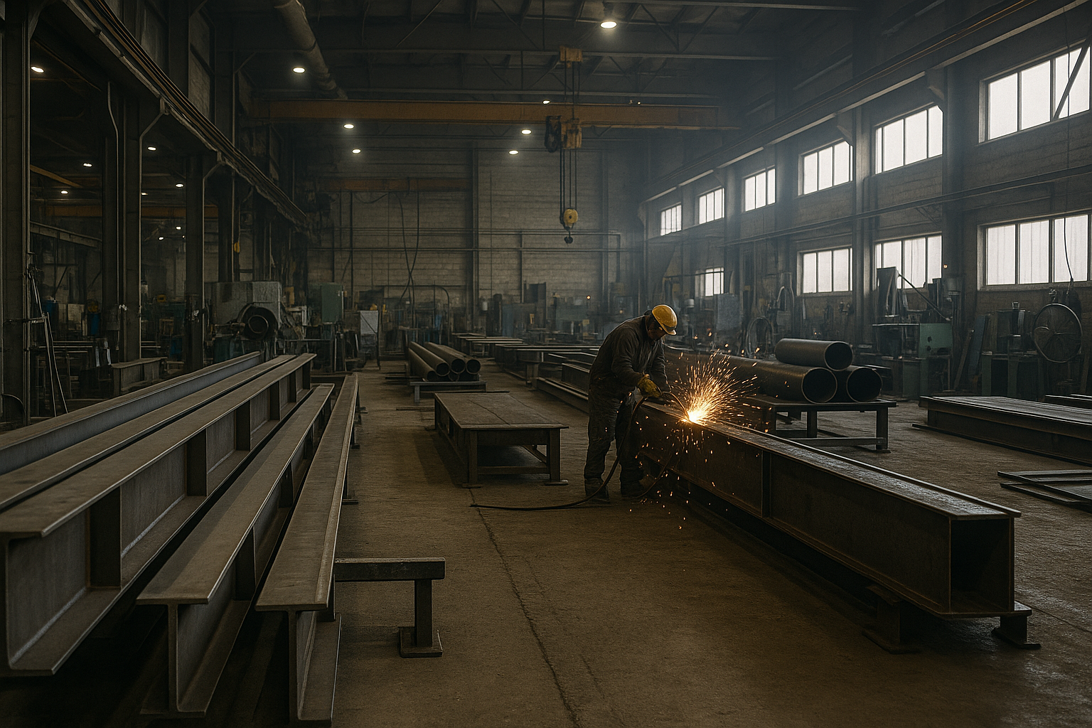 A worker welding metal pipes inside a large industrial factory, with sparks flying from the welding process. The factory has high ceilings, large windows, and industrial equipment.