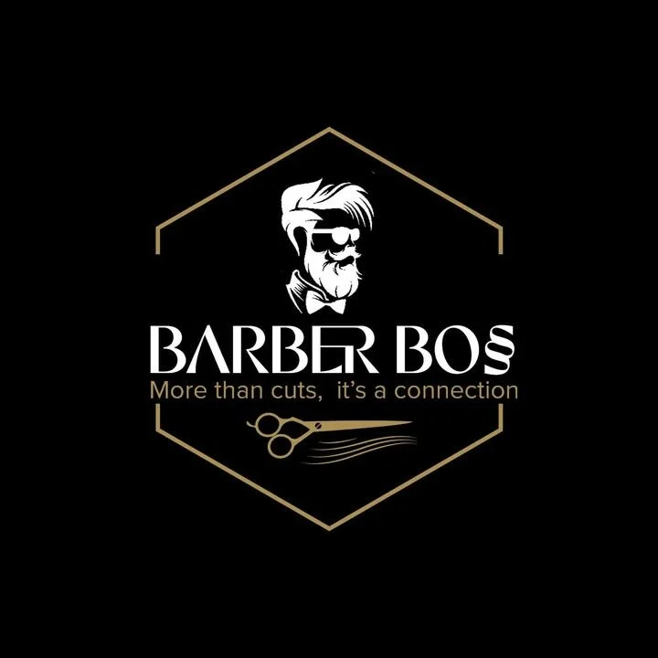 Logo for Barber Boss featuring a stylized illustration of a man with a beard and sunglasses, with the text "Barber Boss" and the slogan "More than cuts, it's a connection." A pair of scissors with flowing lines are also part of the design.