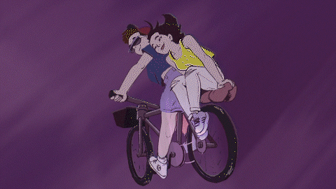 Two animated characters riding a bicycle in the sky together against a purple background.