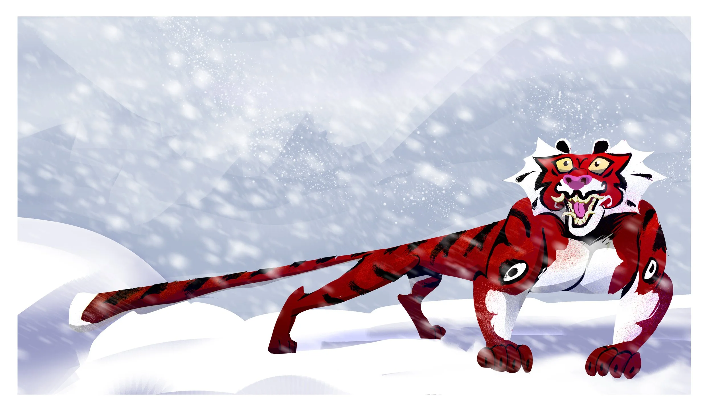A stylized illustration of a tiger with a fierce expression, crouching on snow in a snowy landscape with snow-covered mountains in the background.