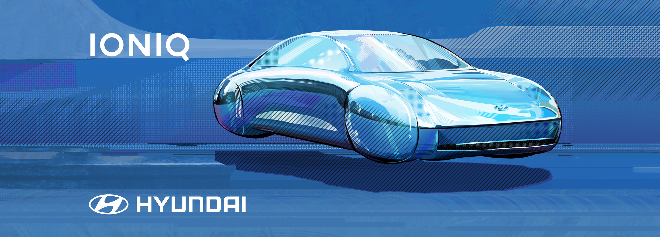 A digital illustration of a futuristic Hyundai Ioniq concept car with a sleek, aerodynamic design and a blue and silver color scheme, set against a blue abstract background with Hyundai and Ioniq branding.