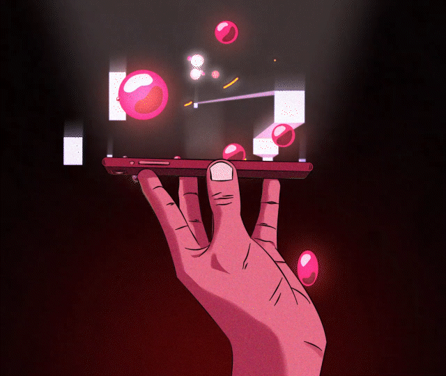 Animation of a hand holding a smartphone with floating digital objects and geometric shapes emerging from the screen.