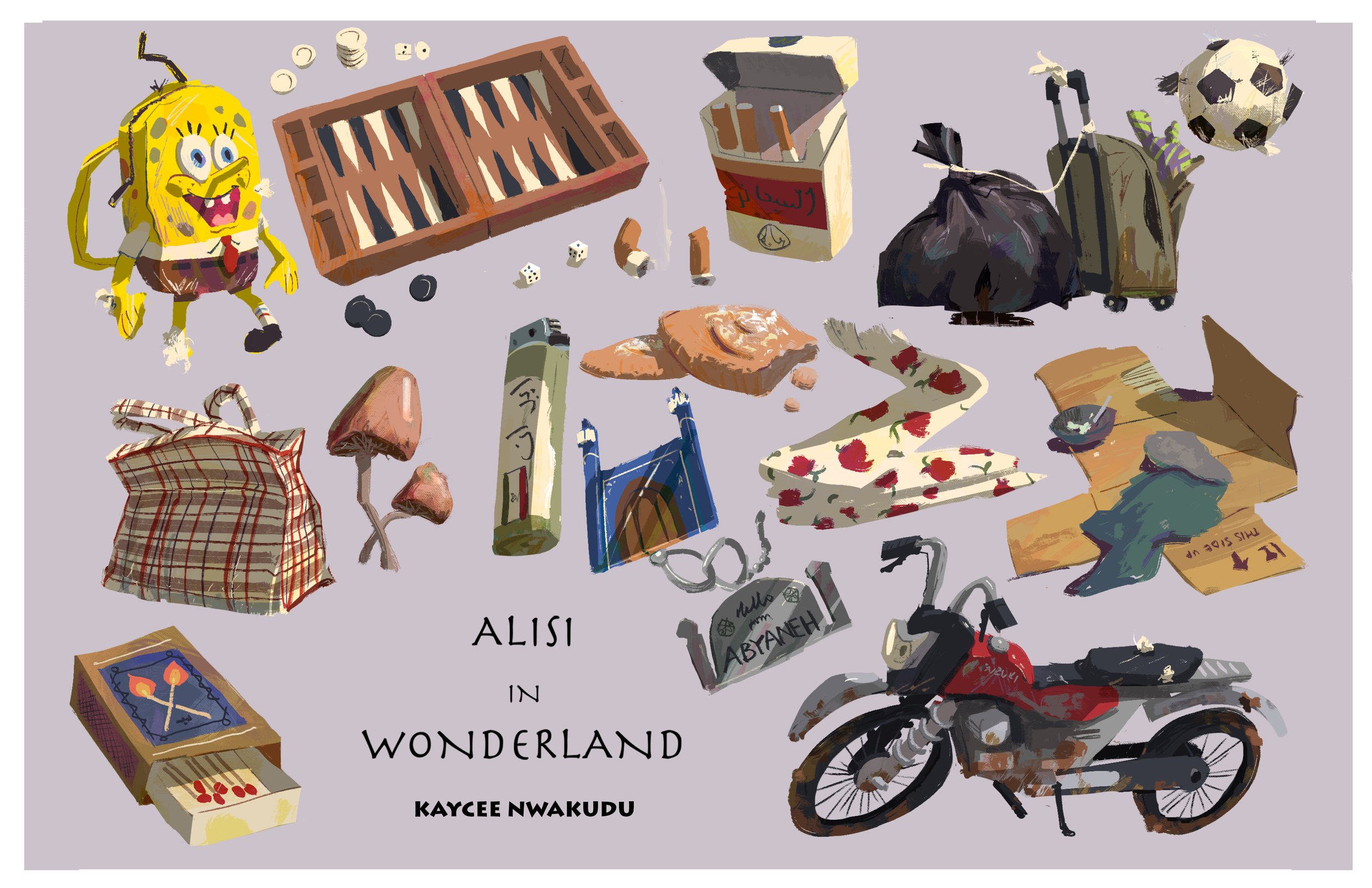 A colorful illustration inspired by Alice in Wonderland featuring a SpongeBob SquarePants character, various mushrooms, a matchbox, a skateboard, a motorcycle, a suitcase, a backpack, a bag of trash, a soccer ball, a cherry-patterned cloth, a vintage