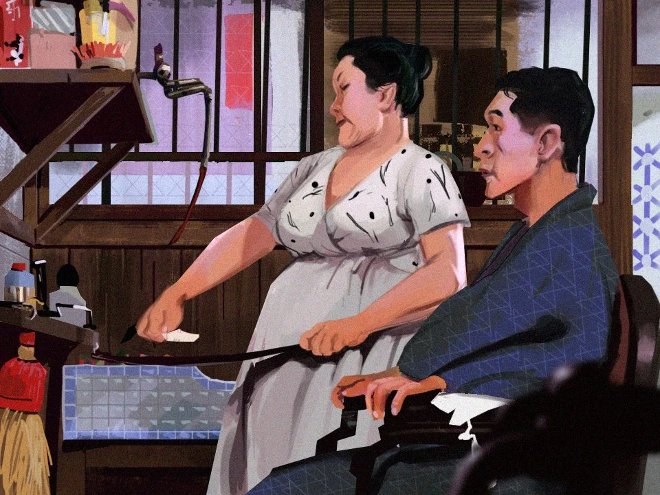 A woman and a man in a kitchen. The woman is cooking and the man is sitting in a wheelchair, watching her.