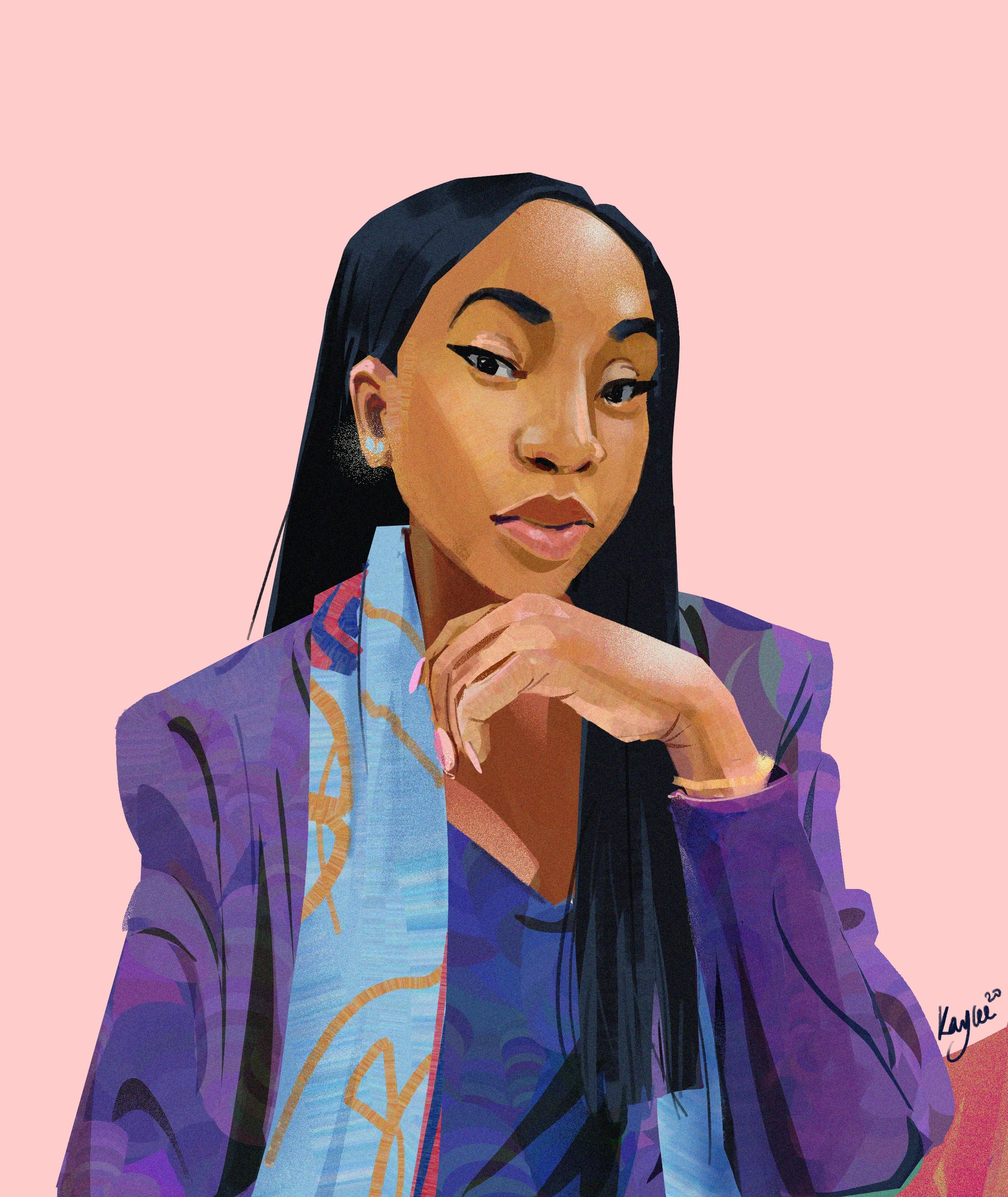 Digital illustration of a woman with long black hair, wearing a purple jacket and blue patterned scarf, against a pink background.