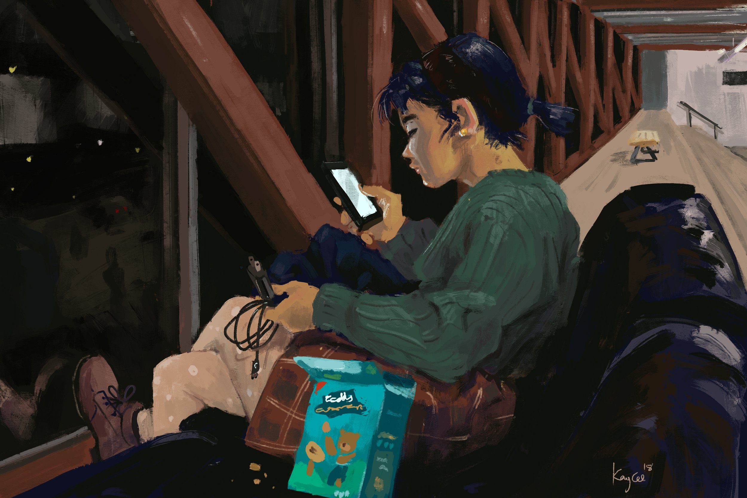 An illustration of a young woman with dark hair tied in a ponytail, looking at her phone. She has multiple earrings and is wearing a green sweater. There is a snack bag and a set of earphones nearby.