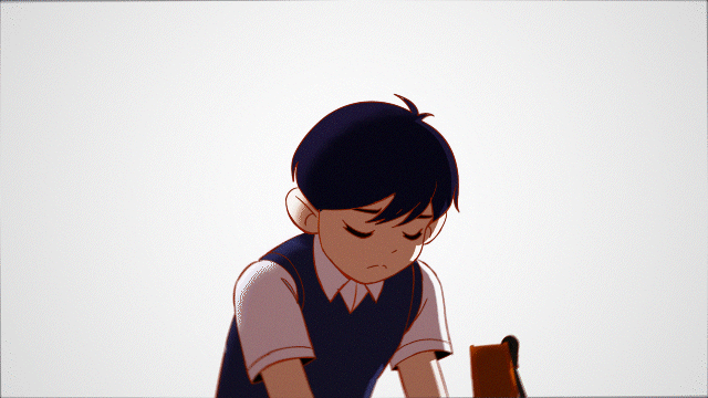 A young boy with black hair looking down with a sad expression, wearing a school uniform, in front of a plain background.