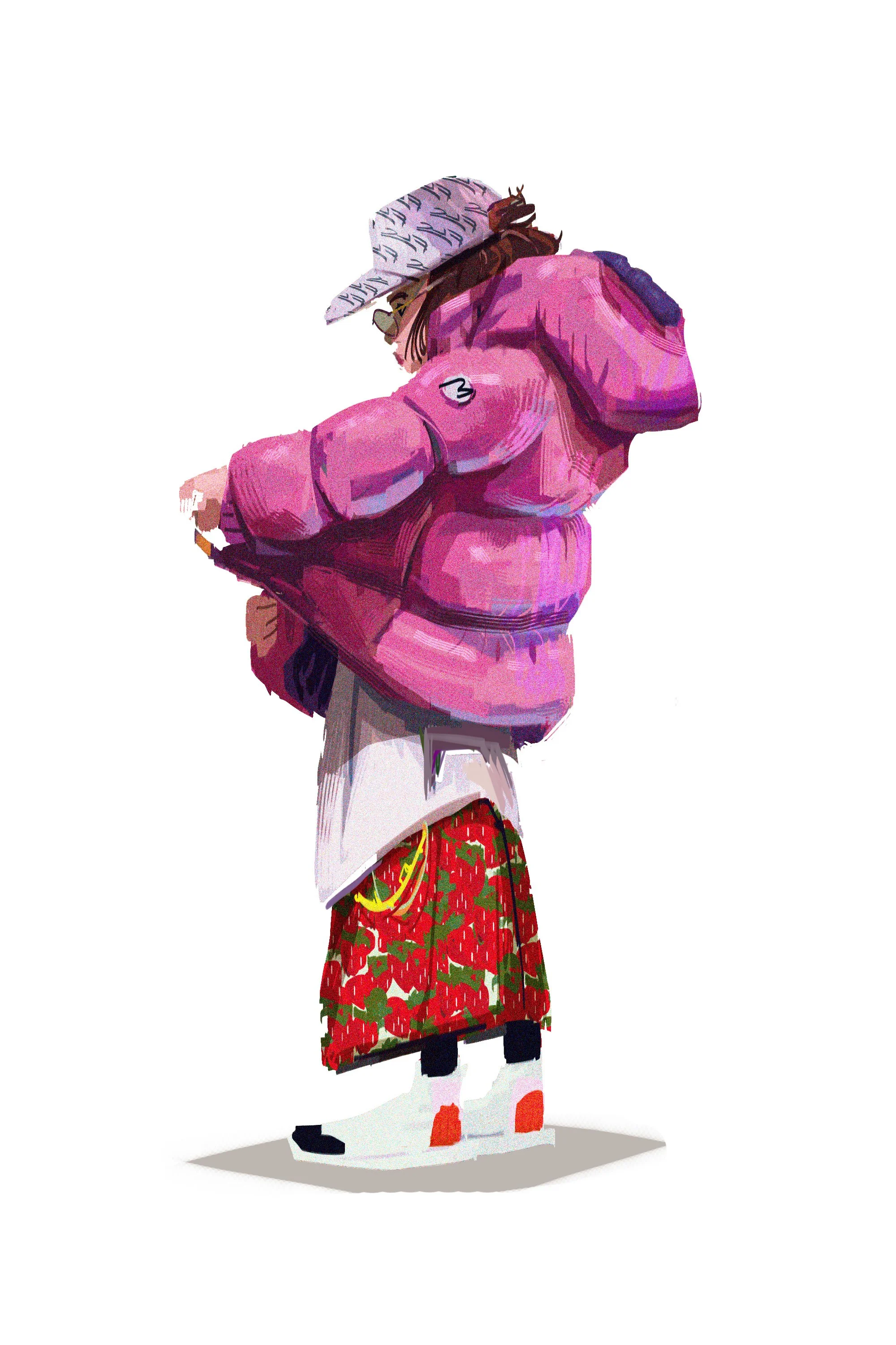 Illustration of a person dressed in baggy clothing, wearing a pink jacket, floral skirt, white sneakers, a hat with writing, and carrying a large pink backpack.