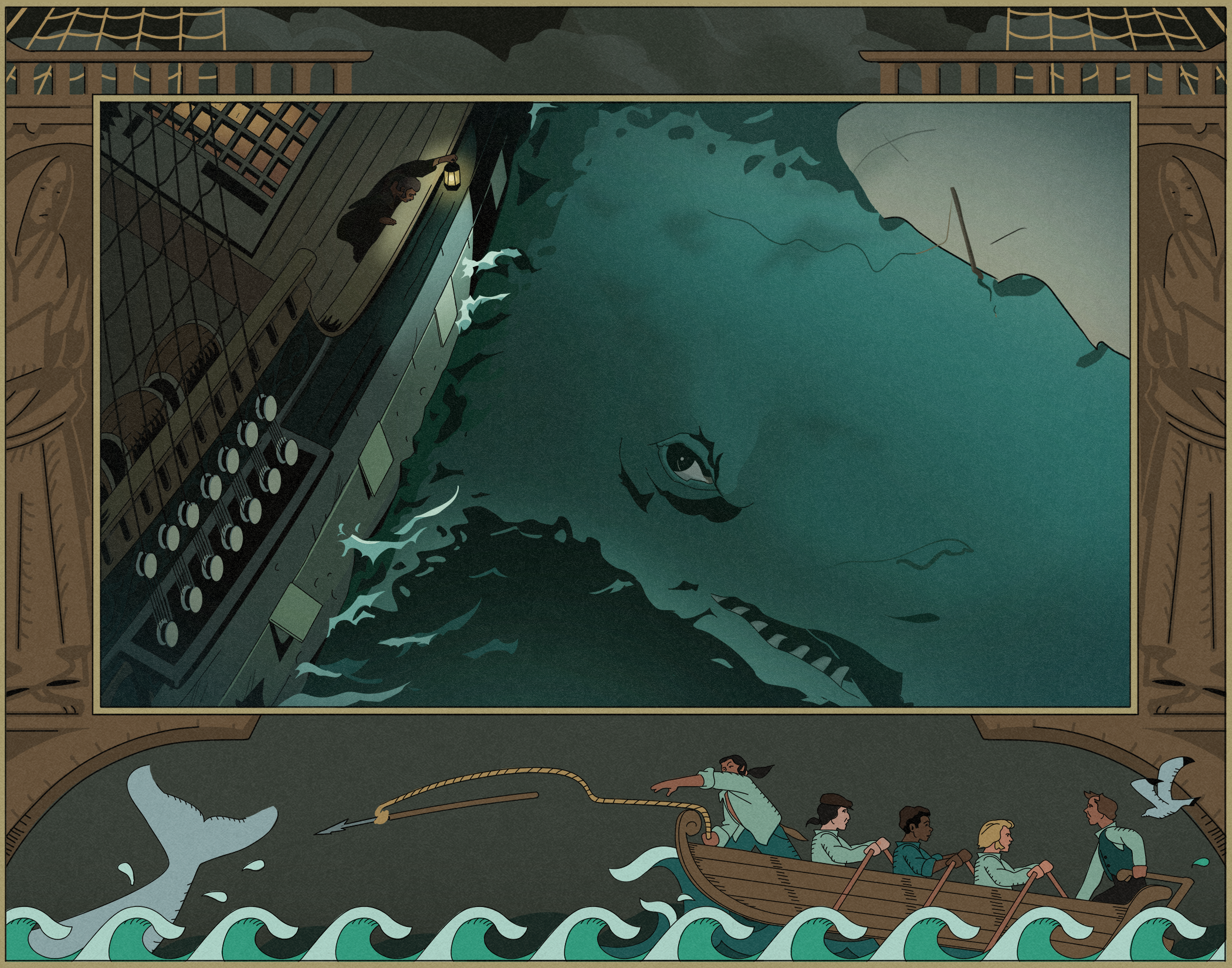 A pirate ship at sea encounters a giant whale. The ship's captain points toward the whale, which is close to the ship. The whale's eye is visible, suggesting a dangerous encounter. The scene is dramatic, with waves crashing around the boat.