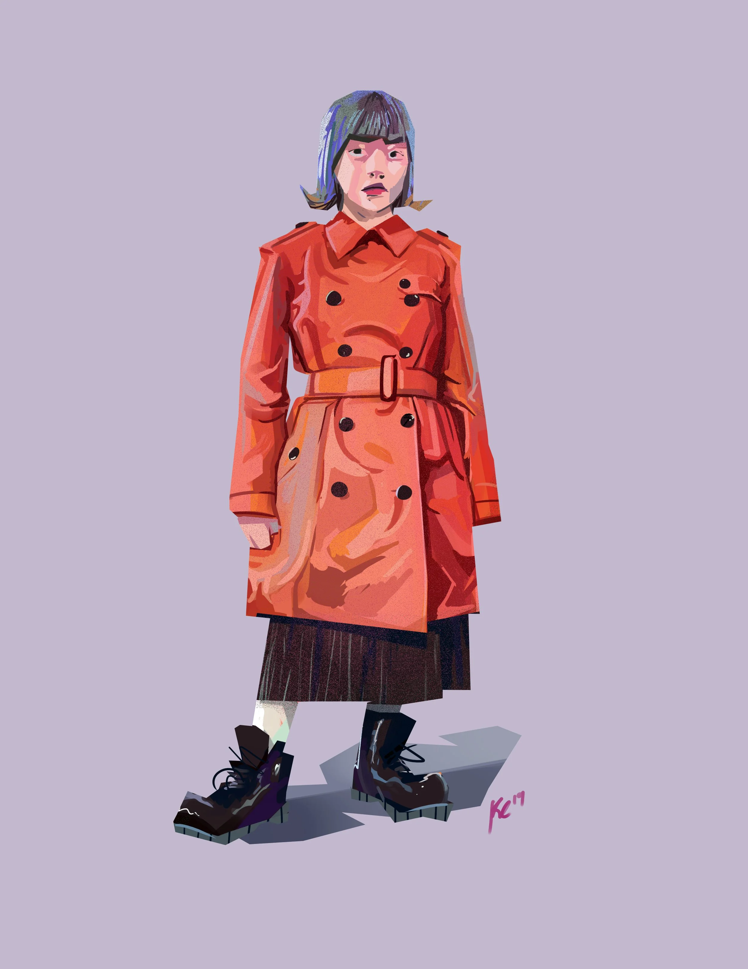 Illustration of a woman wearing a red trench coat, a pleated skirt, and black boots, standing against a lavender background.