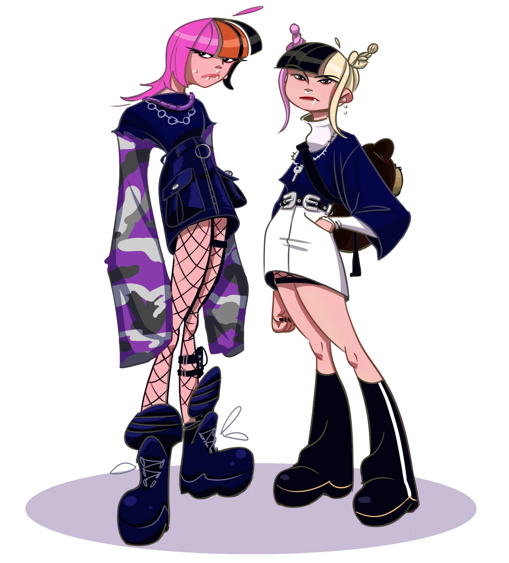 Two animated characters with punk fashion, standing side by side. The character on the left has pink hair with black and orange bangs, fishnet stockings, camouflage pants, and large black boots. The character on the right has blonde hair in braids, a