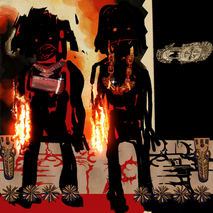 Two stylized drawings of figures with dark clothing and necklaces, set against a fiery background with flames and abstract patterns.