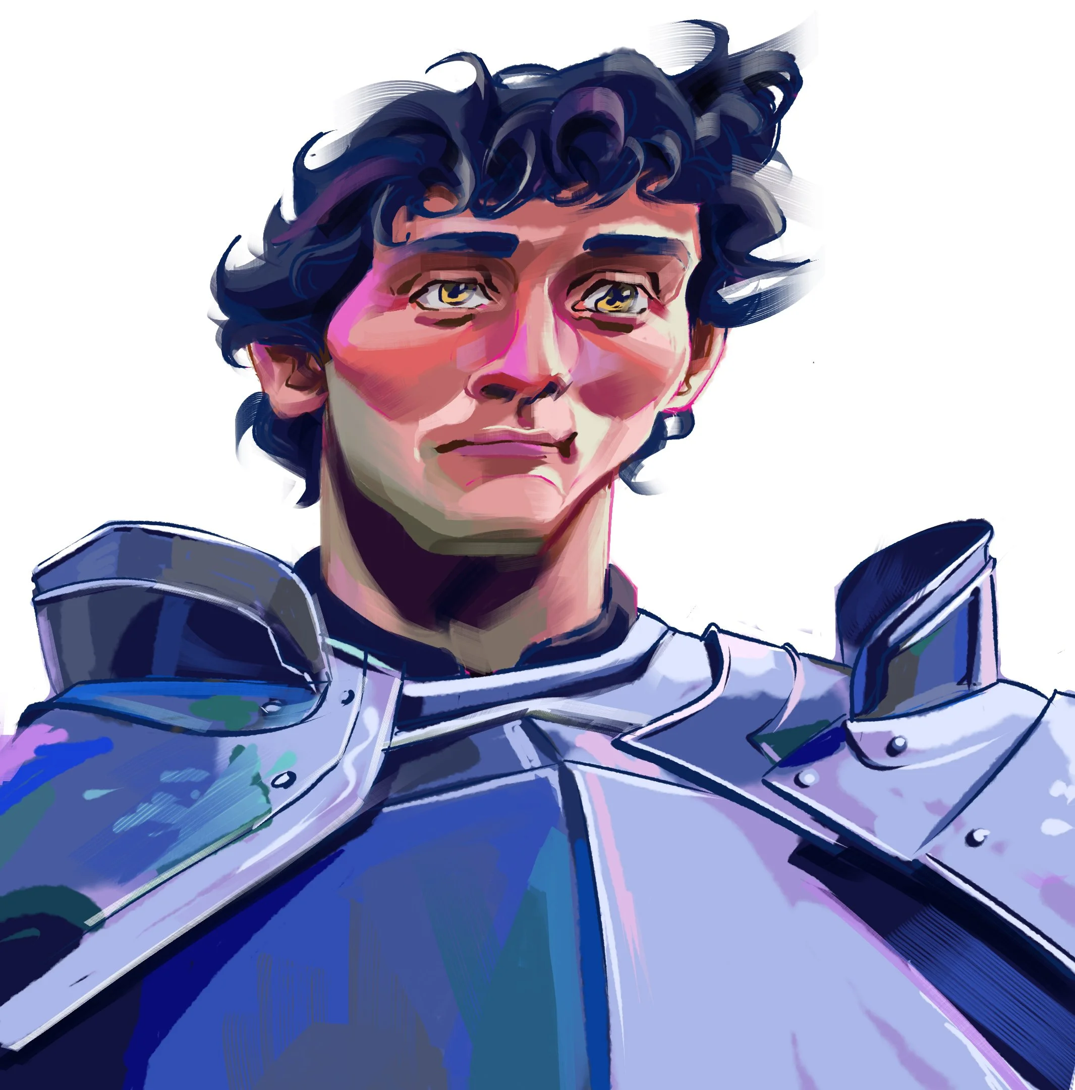 Digital portrait of a young person with curly dark hair wearing futuristic armor with shoulder pads, looking contemplative.