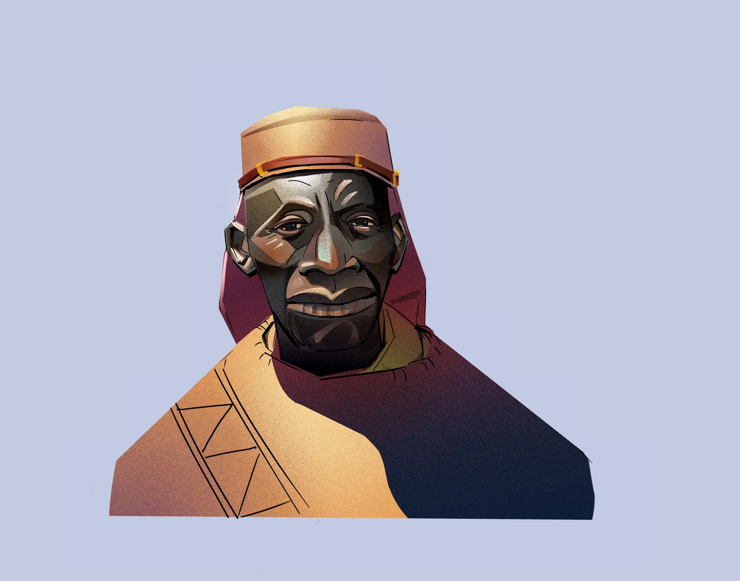 Illustration of an elderly man with dark skin, wearing a traditional hat with a beige top and a pinkish band, and dressed in a cloak with geometric patterns. The background is plain light blue.