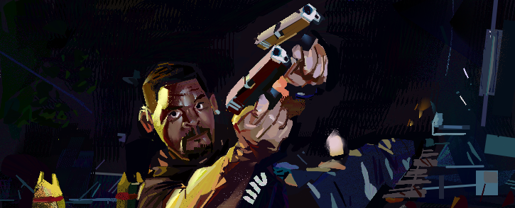 A person aiming a gun in a dark, intense scene.