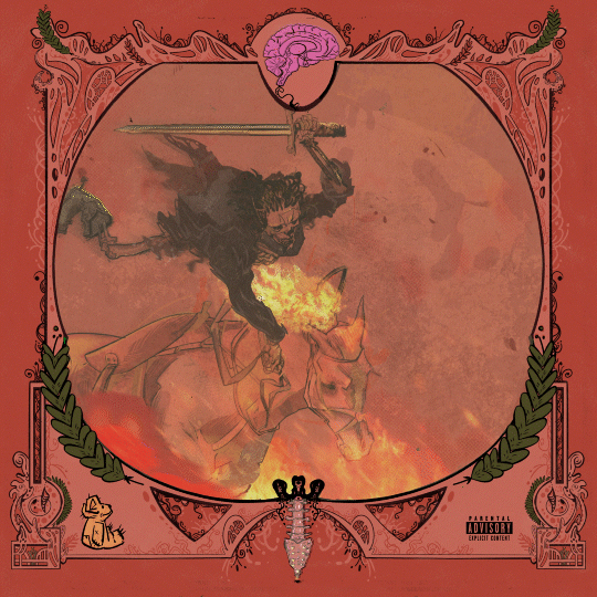 A dark knight riding a fiery horse, wielding a sword, with flames and smoke in the background, framed by ornate red and black decorative borders with a pink brain illustration at the top.