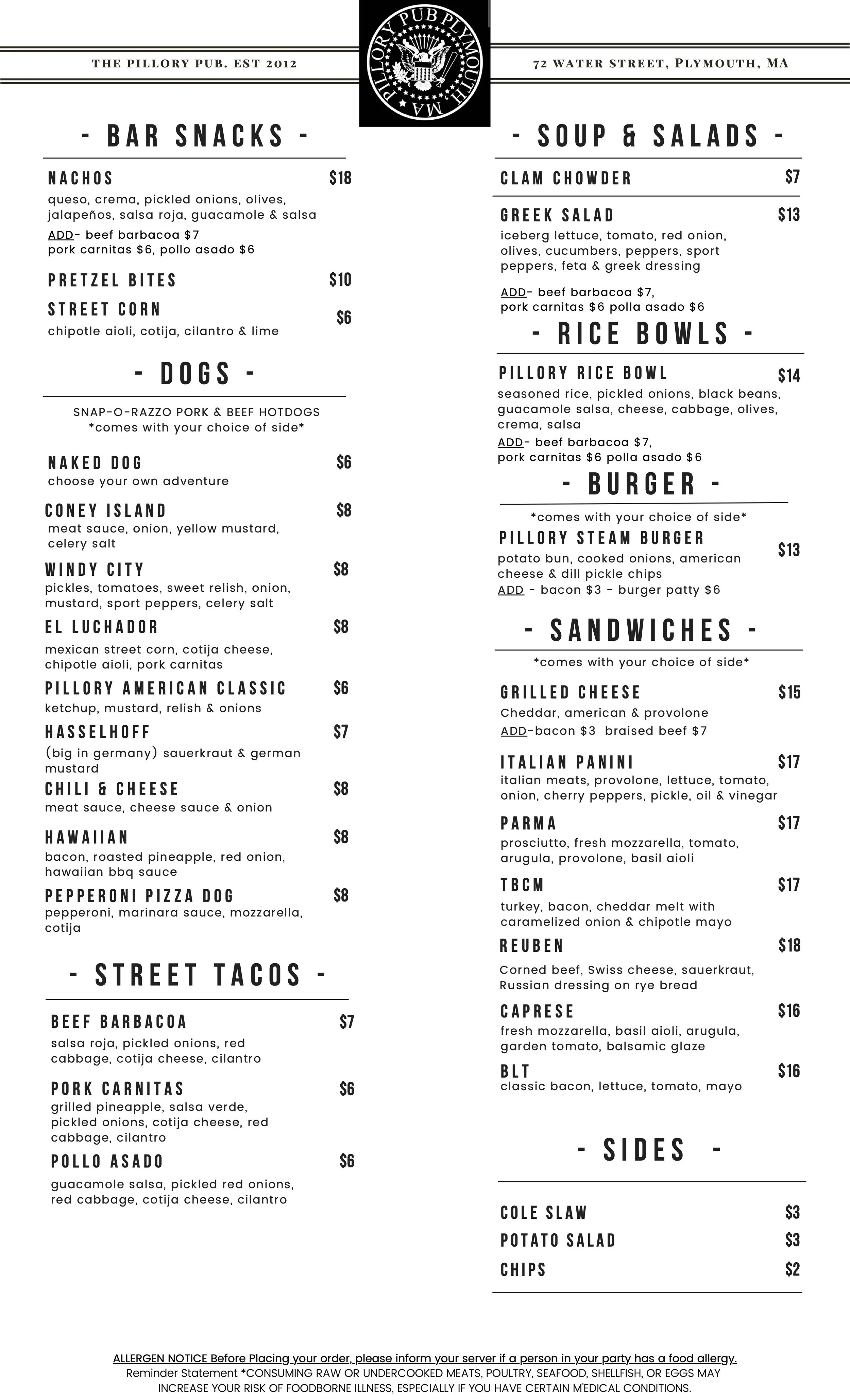 Menu from Pillory Pub featuring bar snacks, soups, salads, rice bowls, burgers, sandwiches, street tacos, sides, and add-ons.