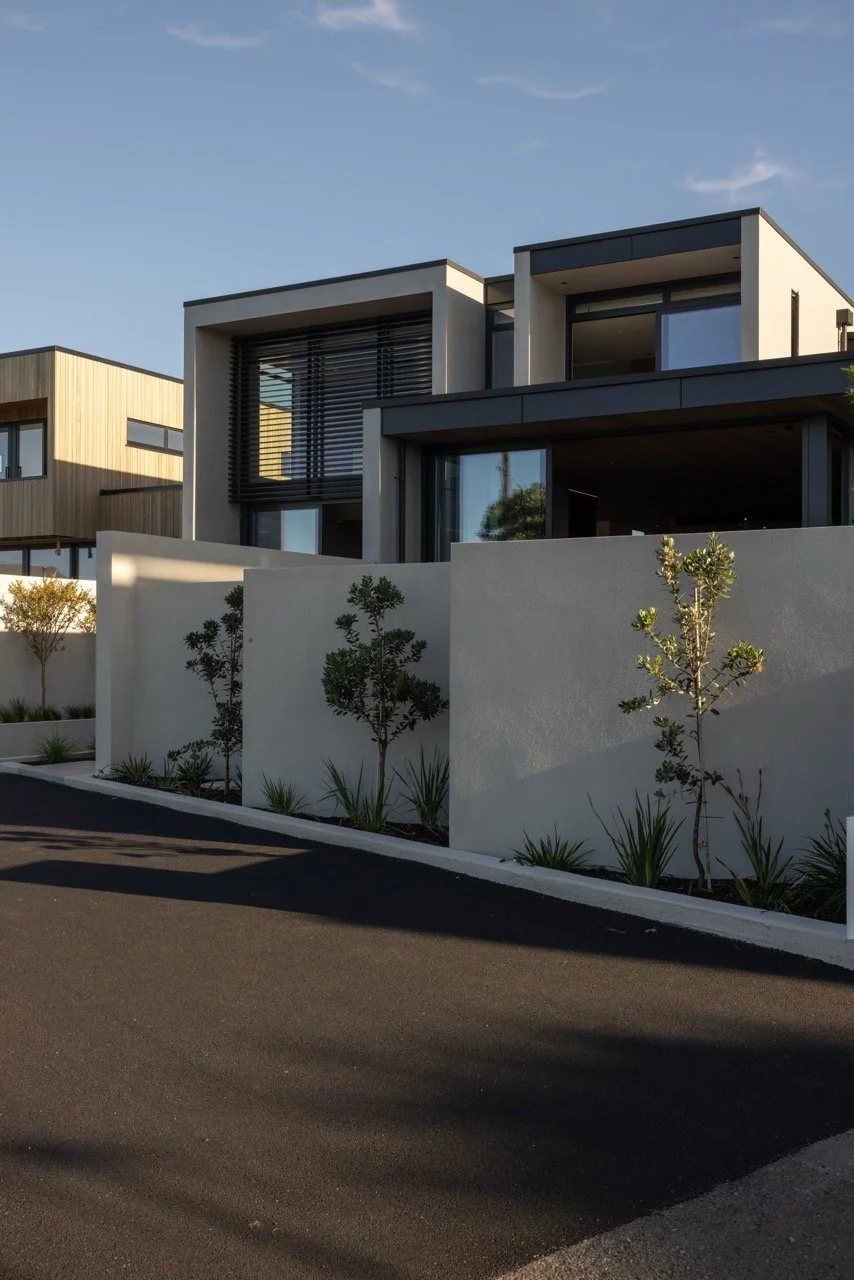 Modern residential building with large windows, black horizontal blinds, and a white concrete wall in the foreground, with small landscaped trees and plants, under a clear blue sky.