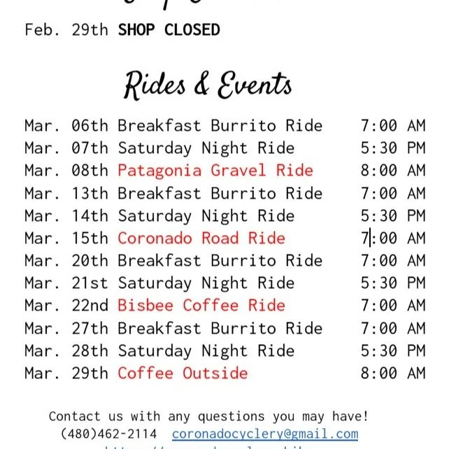 March rides are out! Check out our Strava page: Coronado Cyclery Adventure Club
or Check our website for details. Let's make the most of this awesome weather!