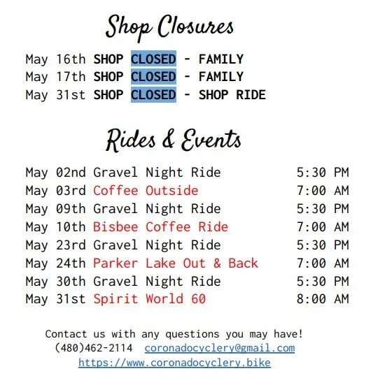 May is around the corner! Our planned rides for the month are now up. Check them out on our Strava page or website.
Strava Club: https://www.strava.com/clubs/1880513
Website: https://www.coronadocyclery.bike/shop-rides