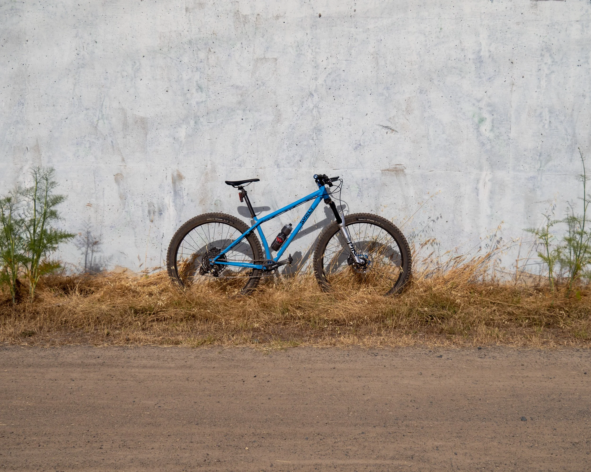 Blue mountain bike leaning against a concrete wall with dry grass and small plants around it, on an unpaved dirt surface.