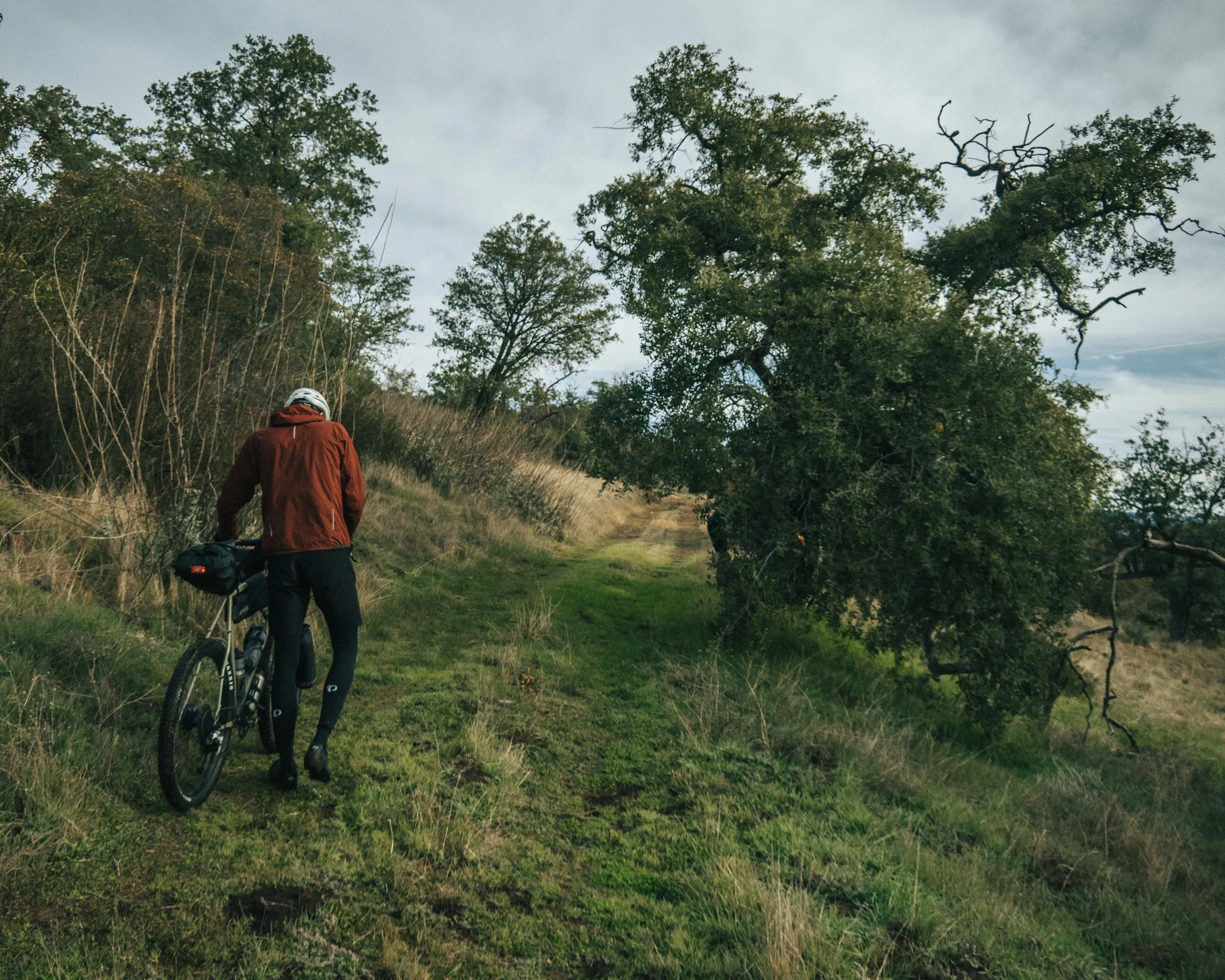 Person in a red jacket and black pants walking a bicycle along a grassy trail through a natural landscape with trees and cloudy sky.