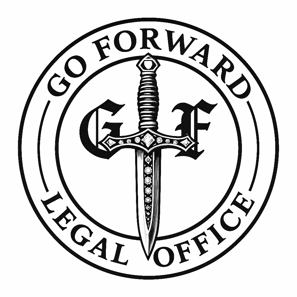 Black and white circular emblem with a sword in the center and the words "Go Forward" above and "Legal Office" below.