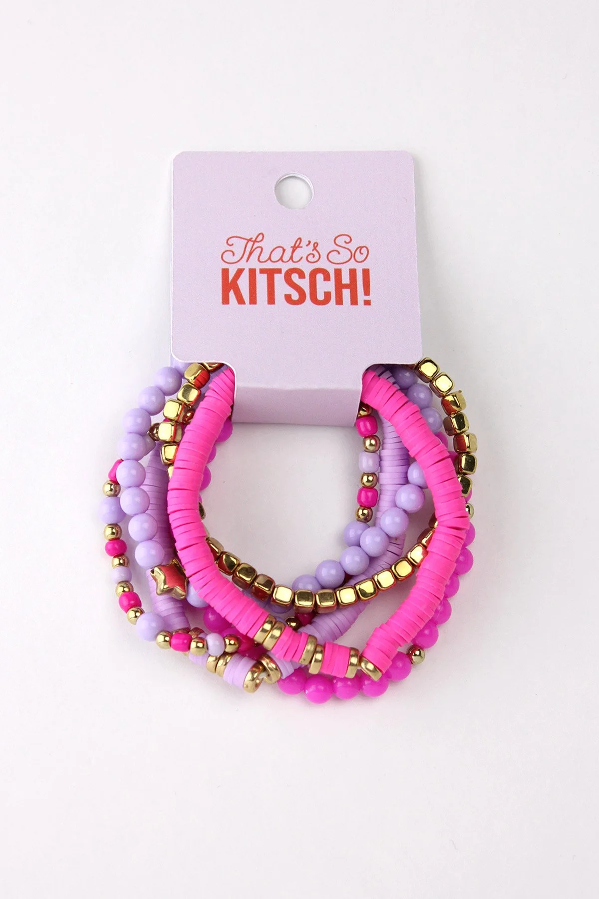 Set of colorful beaded and plastic bracelets on a card with the phrase "That's So KITSCH!" in red and pink.