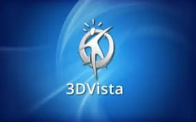 3D Vista logo with stylized symbol and text on a blue background.