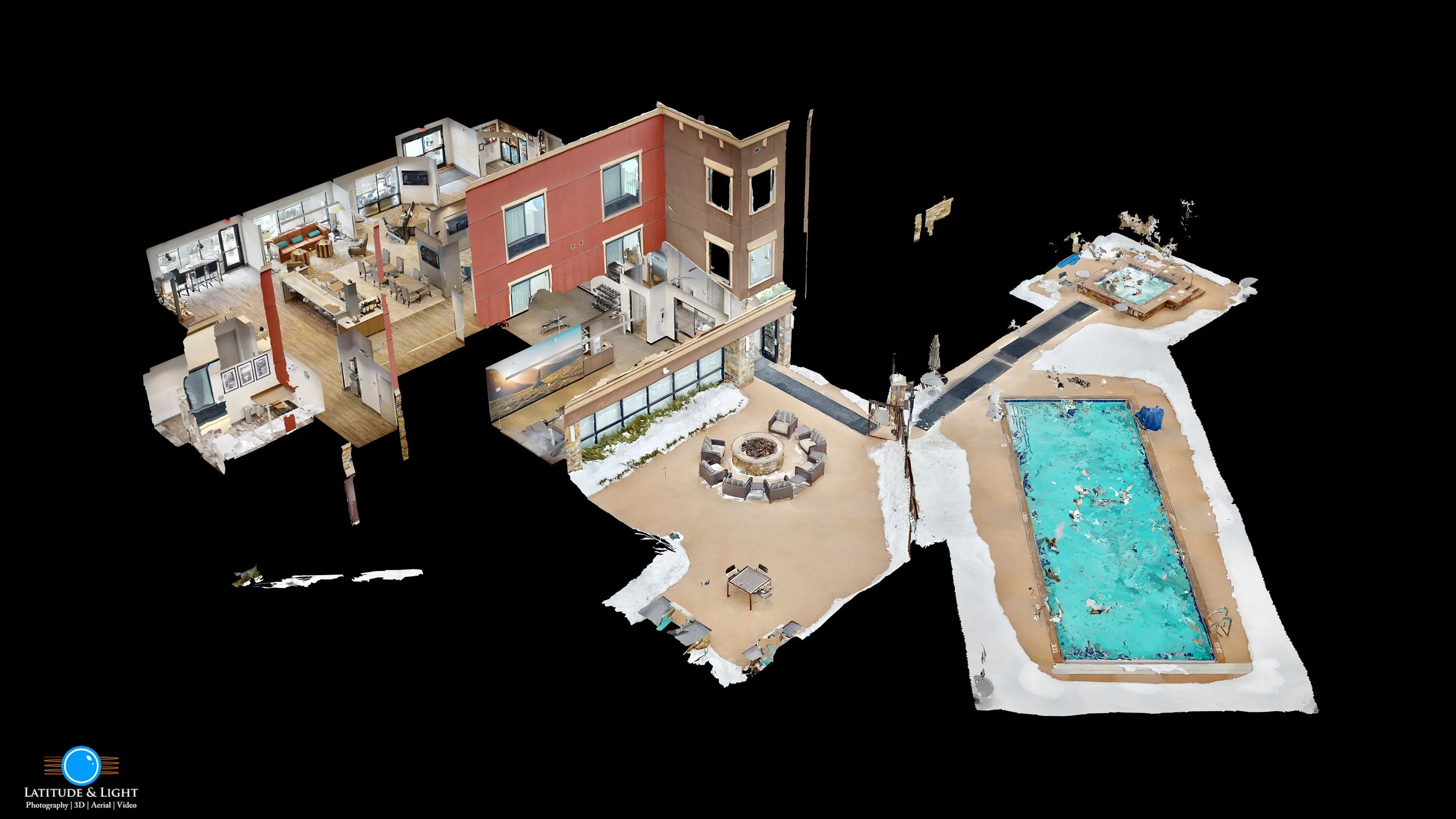 3D scan of a ski resort hotel in Kalispell, Montana shows interior rooms, a fire pit outside with chairs, a swimming pool, and a hot tub area surrounded by snow.