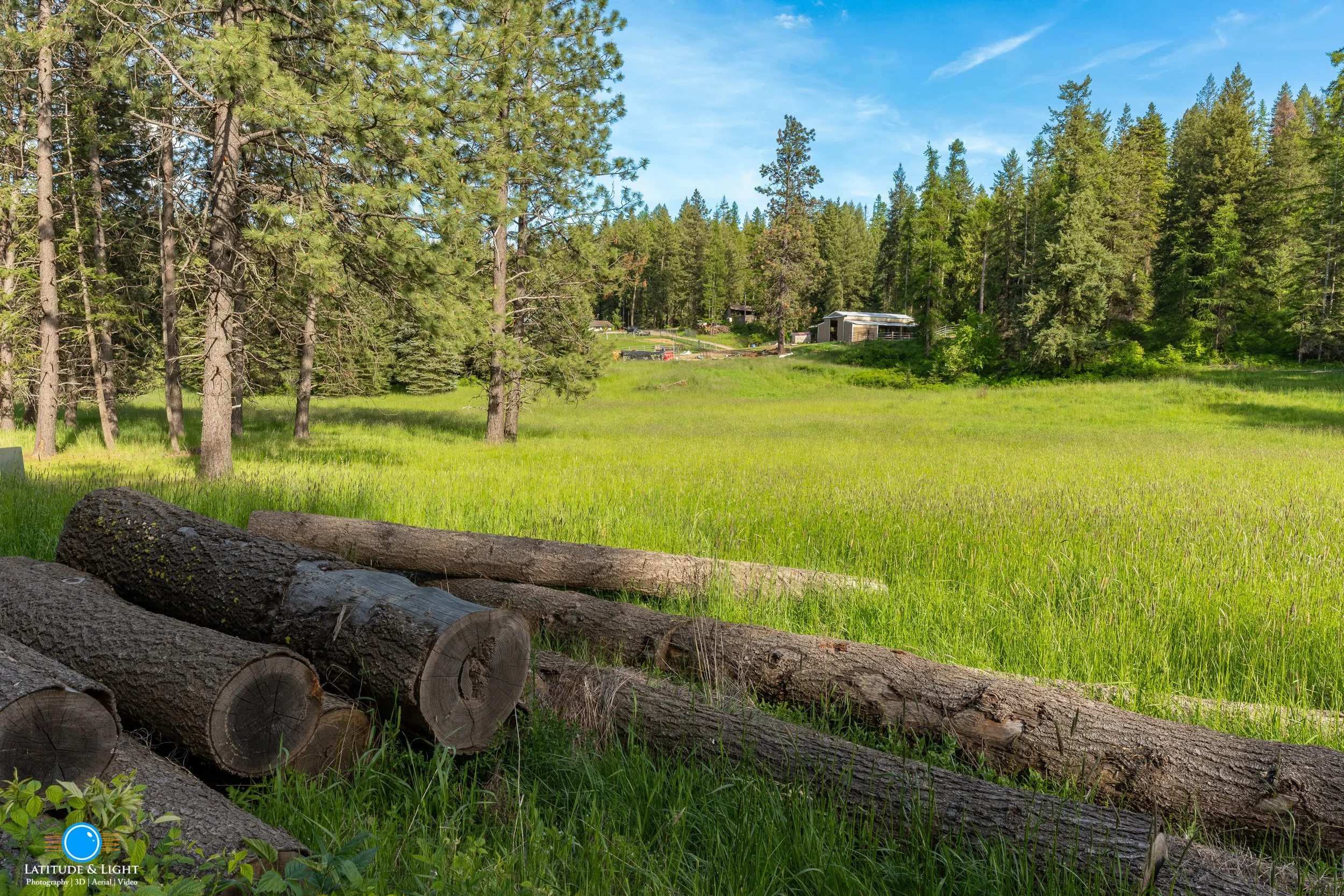 Harrison, Idaho land: Logs on grass in a clearing surrounded by trees, with a meadow and houses in the background under a blue sky with wispy clouds.