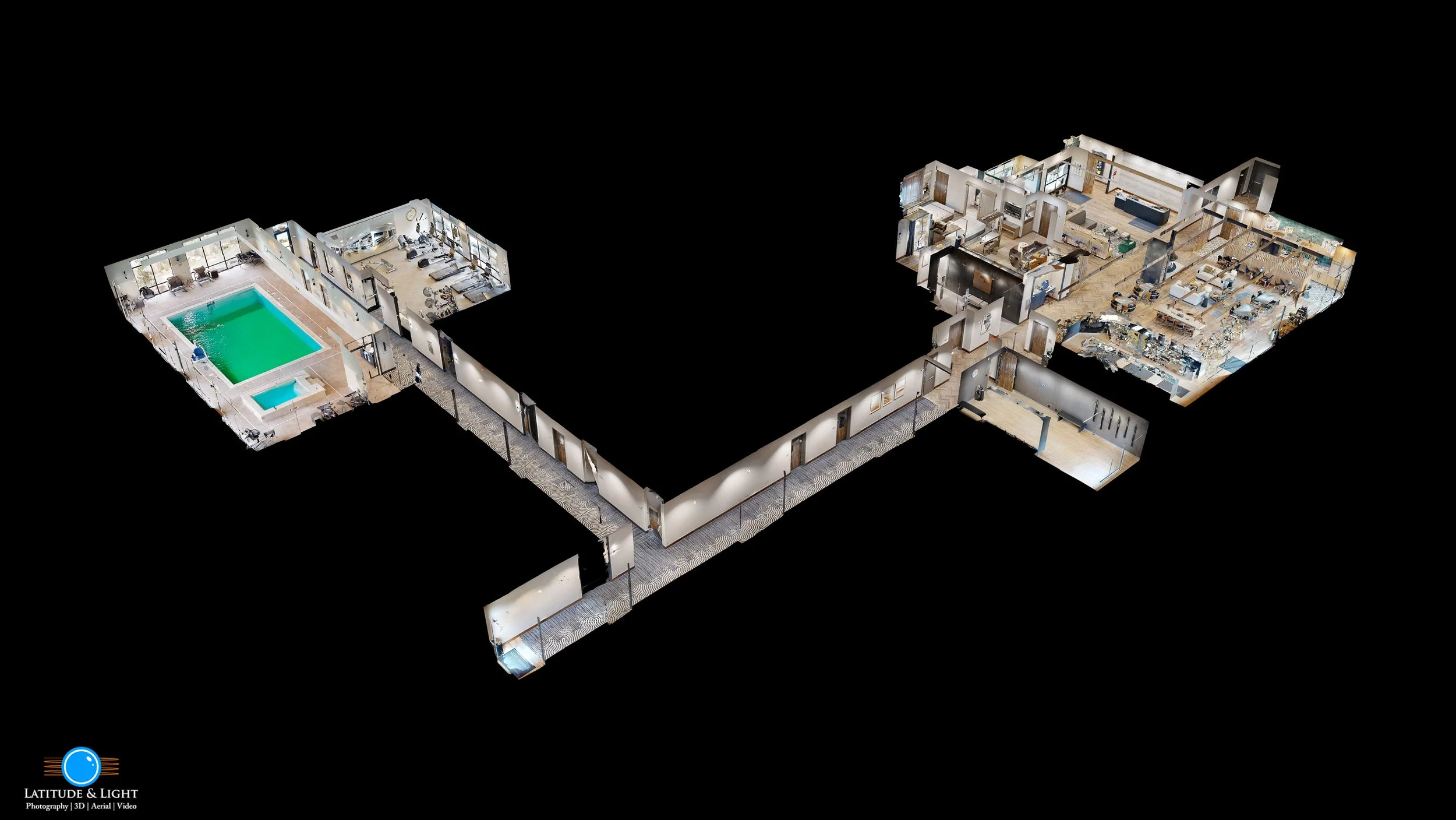 3D floor dollhouse view of a Sandpoint ski hotel with a swimming pool, gym, living areas, kitchen, and offices, set against a black background.