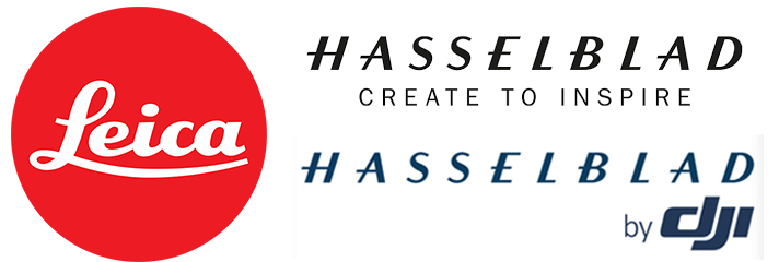 Leica logo with red circle and white text, alongside Hasselblad branding and DJI logo, with the slogan 'Create to Inspire'