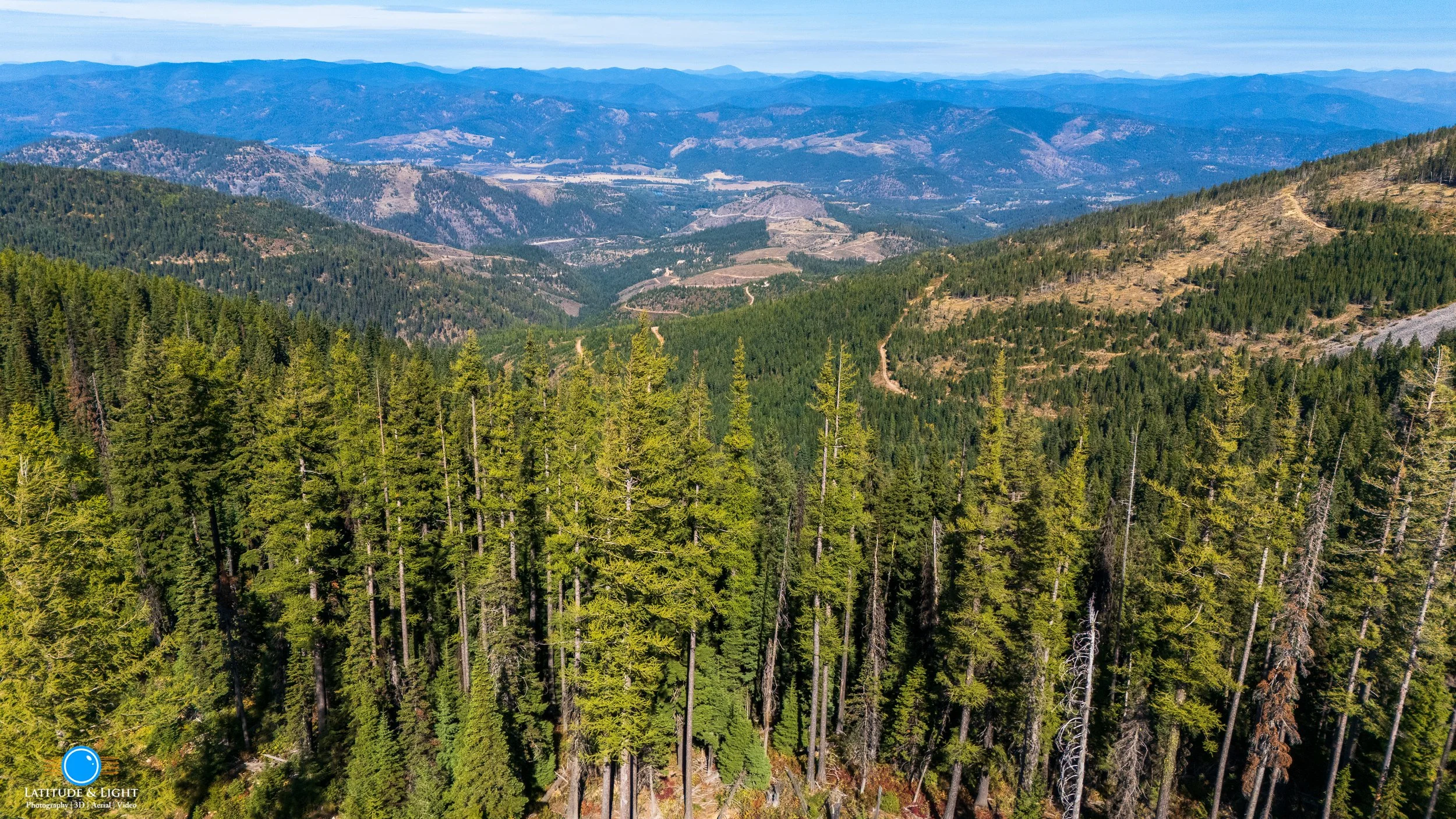 North Idaho landscape view of a forested mountain range with winding dirt roads, distant mountain peaks, and a clear blue sky.