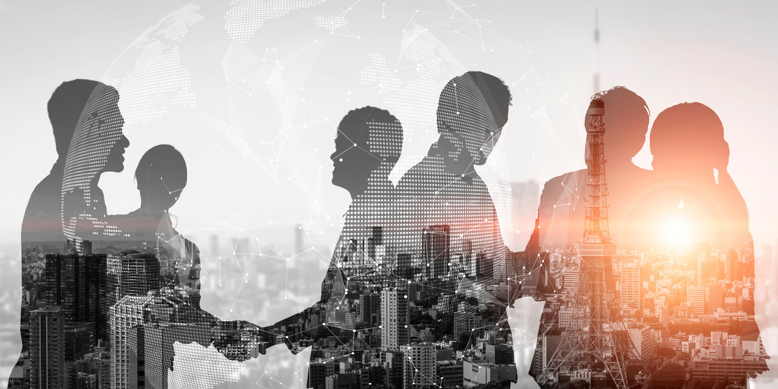 Silhouettes of people shaking hands, overlaid with a city skyline and a digital network, with a tower and sunlight in the background.