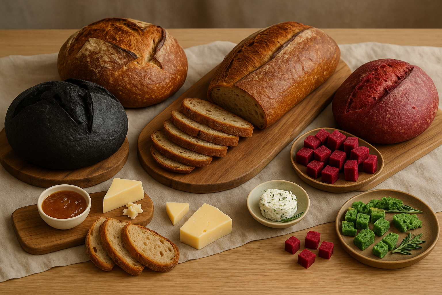 Assorted bread loaves and sourdough, wholegrain sourdough, plain sourdough, Italian taste sourdough,