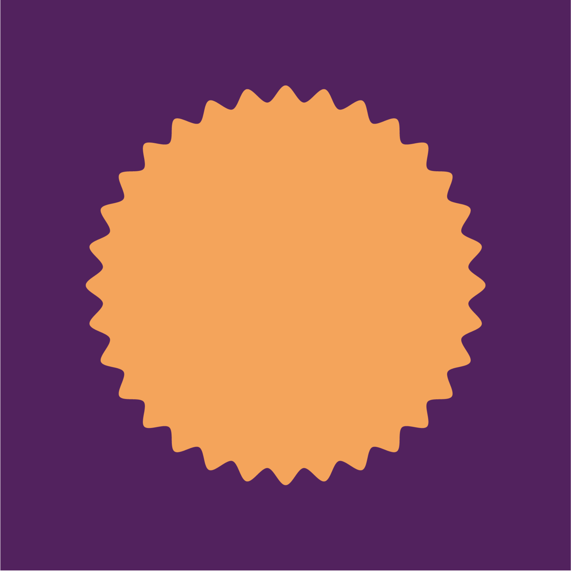 A circular, spiky, orange badge on a purple background.