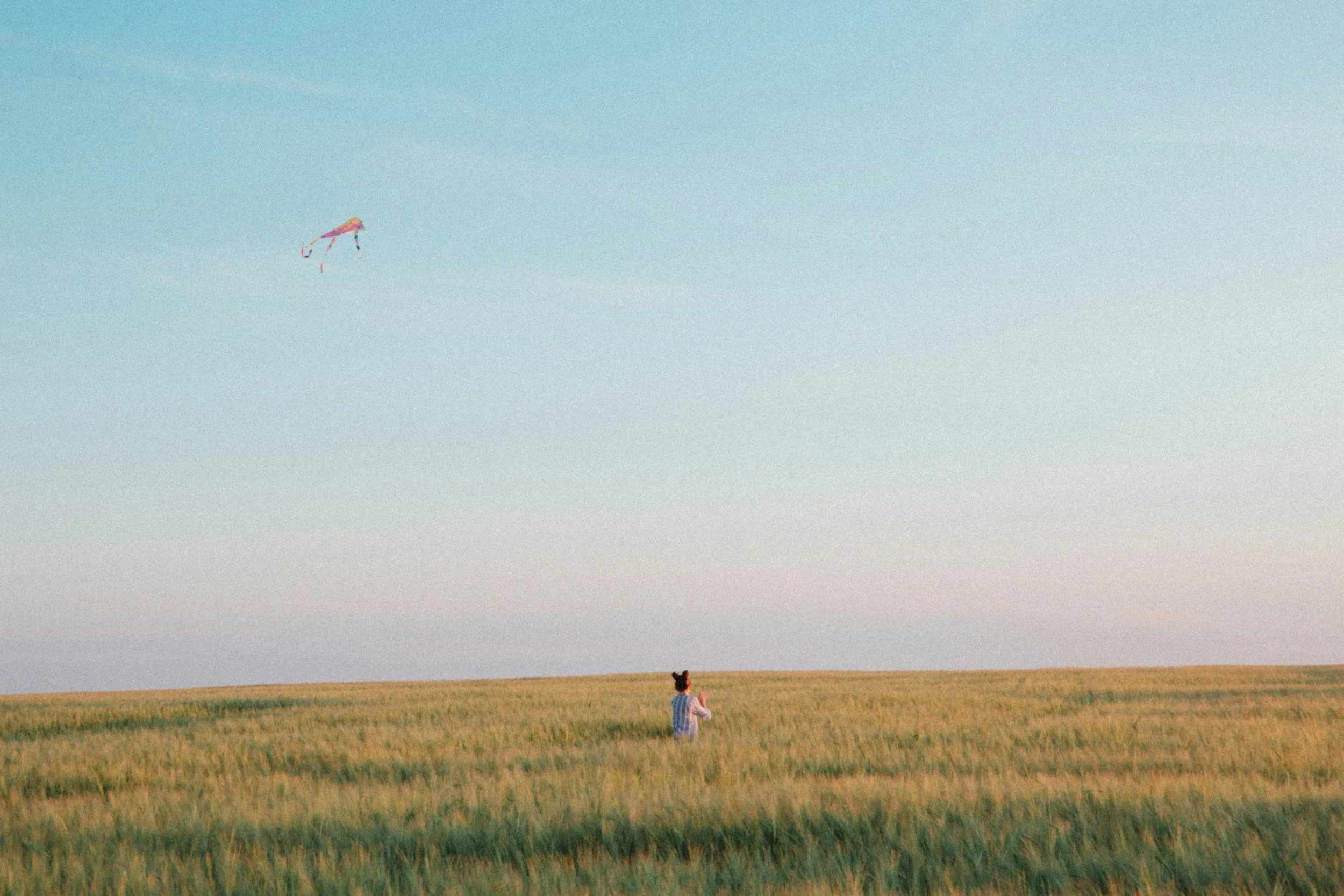 Una persona en un campo de césped verde jugando con una cometa en un cielo despejado.