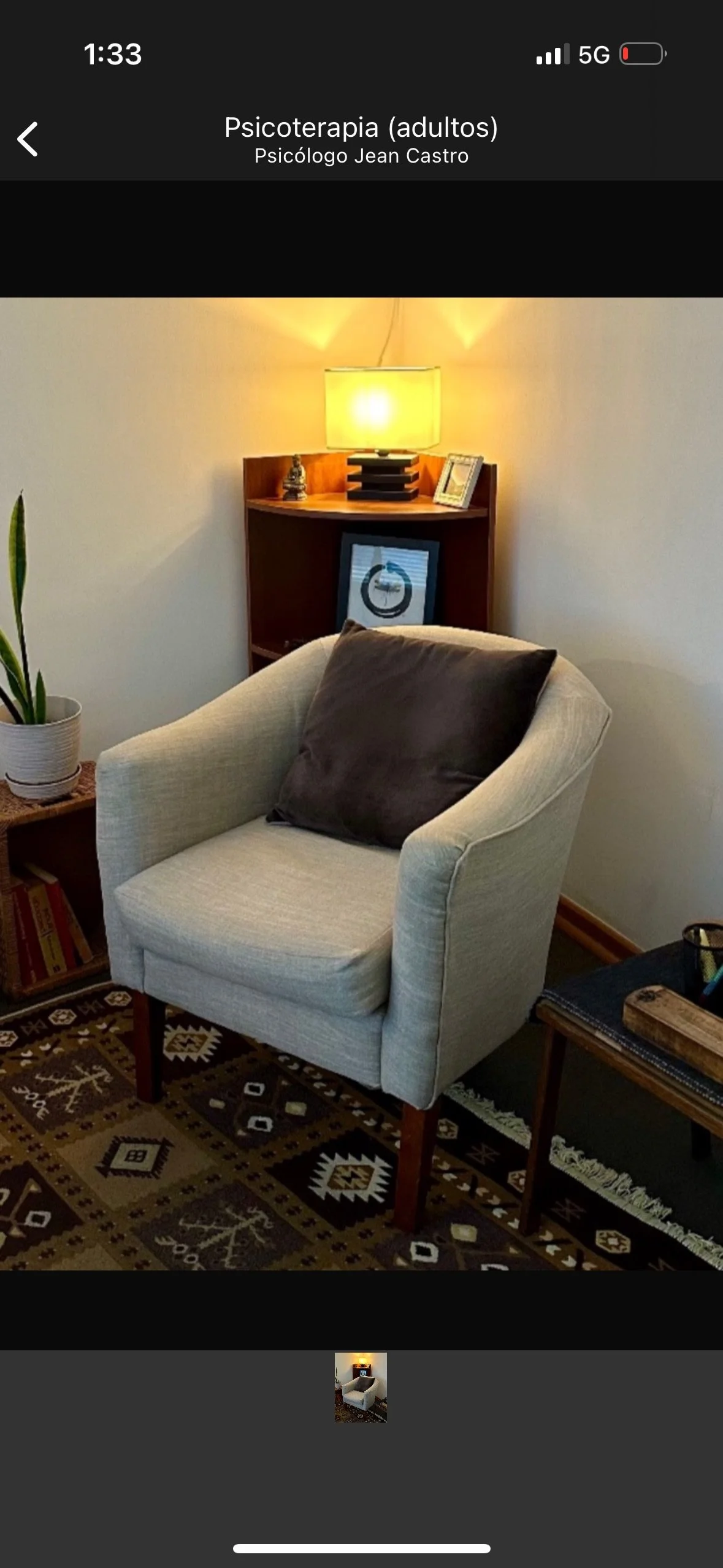 Sala de terapia con sillón beige, almohada marrón, mesa auxiliar con libro y objetos, estantería con planta, lámpara y cuadros, alfombra con patrones geométricos.