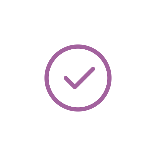 A black icon with a purple checkmark inside a circle.