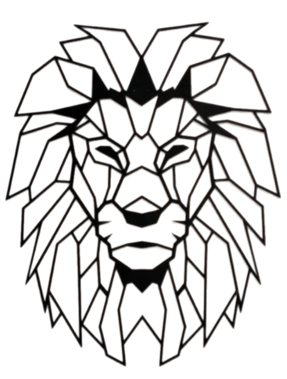 Black art piece depicting a lion's face with geometric shapes.