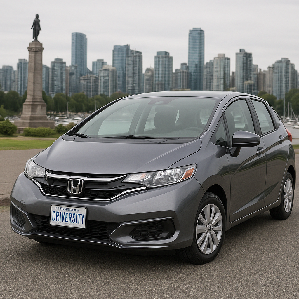 Gray Honda hatchback car with license plate reading "DIVERSITY" parked on pavement, city skyline with tall buildings and waterfront in background.